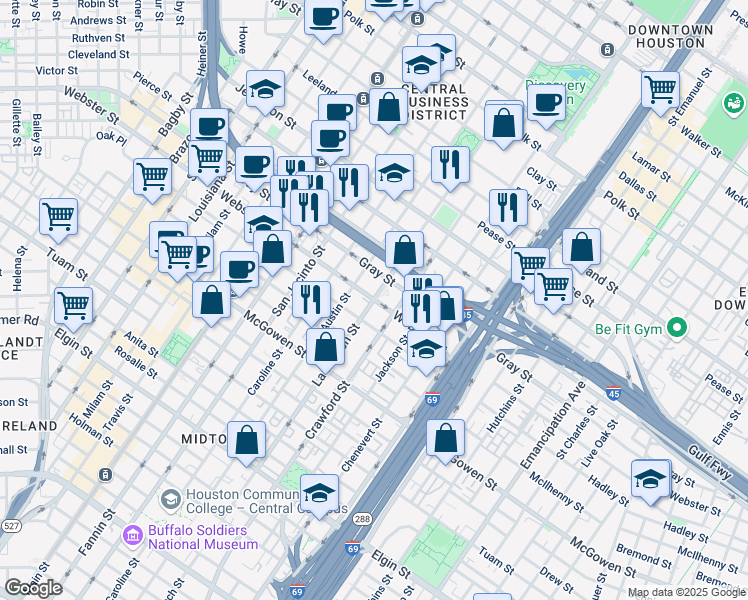 map of restaurants, bars, coffee shops, grocery stores, and more near 1500 Webster Street in Houston