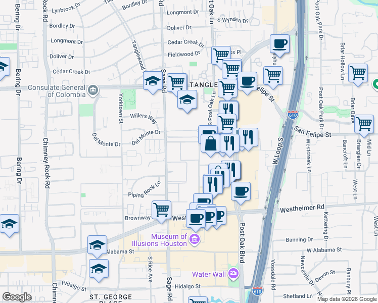 map of restaurants, bars, coffee shops, grocery stores, and more near 2300 McCue Road in Houston