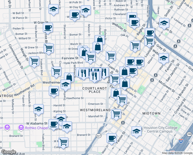 map of restaurants, bars, coffee shops, grocery stores, and more near 214 Avondale Street in Houston