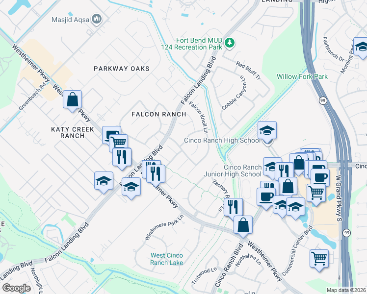 map of restaurants, bars, coffee shops, grocery stores, and more near 2750 Round Hill Court in Katy