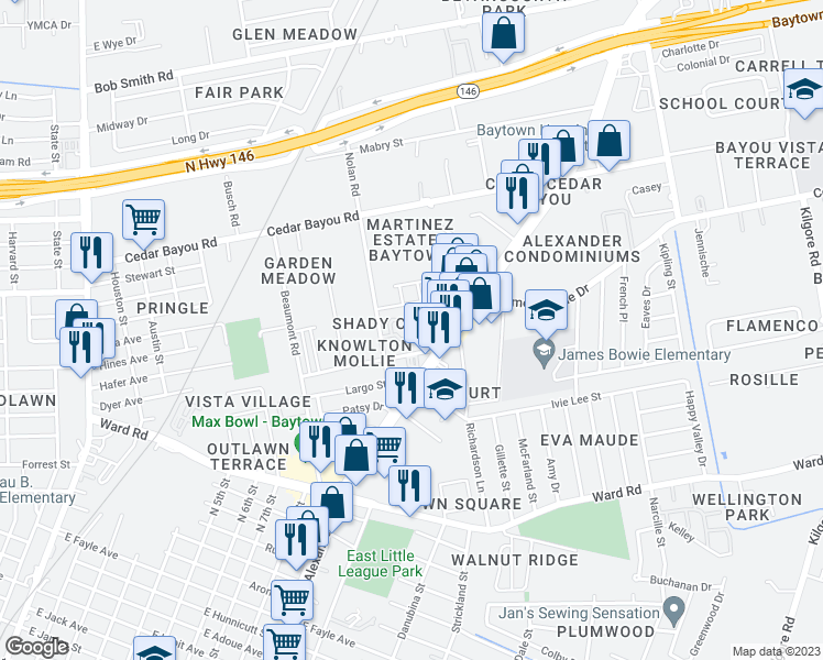 map of restaurants, bars, coffee shops, grocery stores, and more near 1220 Knowlton Road in Baytown