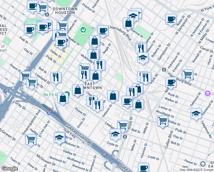 map of restaurants, bars, coffee shops, grocery stores, and more near 3002 Dallas Street in Houston
