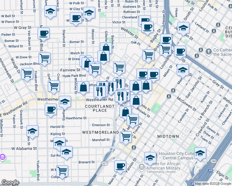 map of restaurants, bars, coffee shops, grocery stores, and more near 106 Westheimer Road in Houston