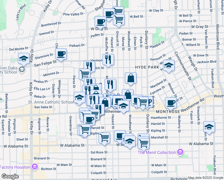 map of restaurants, bars, coffee shops, grocery stores, and more near 1976 Fairview Street in Houston