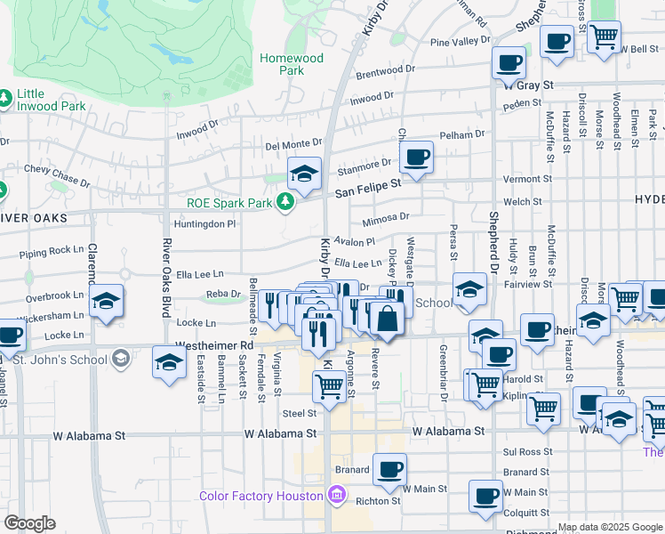 map of restaurants, bars, coffee shops, grocery stores, and more near 2524 Reba Drive in Houston