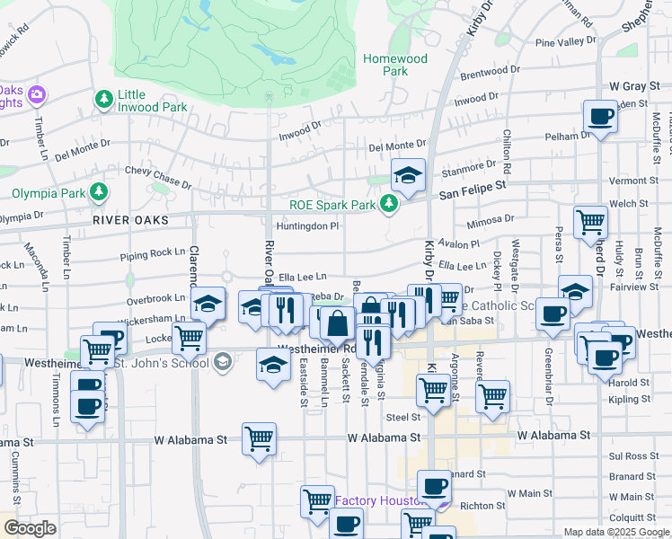 map of restaurants, bars, coffee shops, grocery stores, and more near 3225 Ella Lee Lane in Houston
