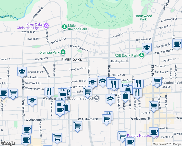 map of restaurants, bars, coffee shops, grocery stores, and more near 2305 Claremont Lane in Houston