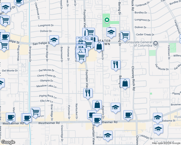 map of restaurants, bars, coffee shops, grocery stores, and more near 5 Fountain View Drive in Houston