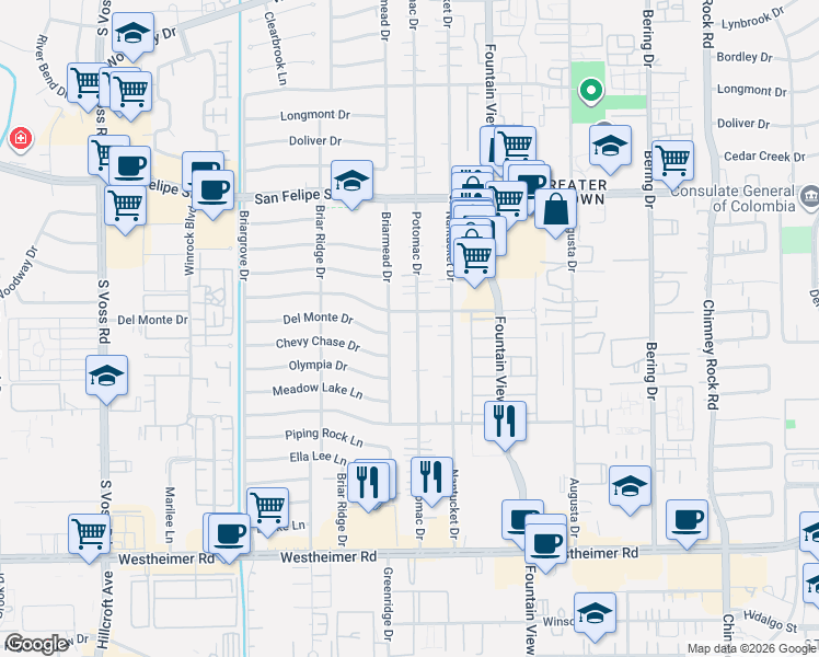 map of restaurants, bars, coffee shops, grocery stores, and more near 2121A Potomac Drive in Houston