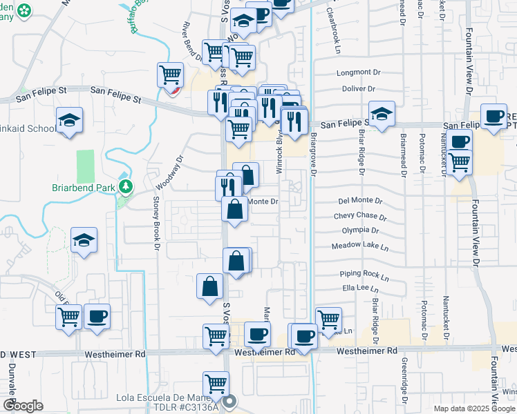 map of restaurants, bars, coffee shops, grocery stores, and more near 6403 Del Monte Drive in Houston