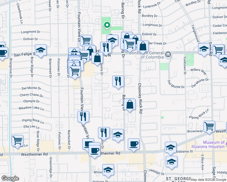 map of restaurants, bars, coffee shops, grocery stores, and more near 2000 Bering Drive in Houston