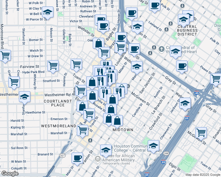 map of restaurants, bars, coffee shops, grocery stores, and more near 2700 Travis Street in Houston