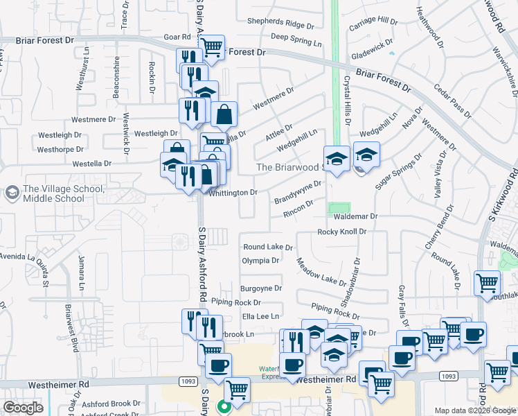 map of restaurants, bars, coffee shops, grocery stores, and more near 1915 Tallulah Lane in Houston