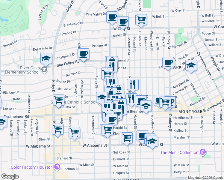 map of restaurants, bars, coffee shops, grocery stores, and more near 2323 South Shepherd Drive in Houston