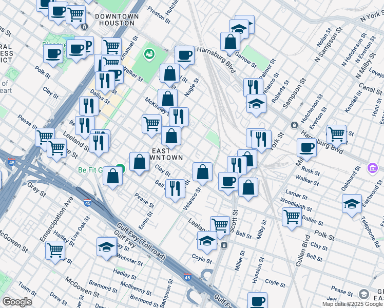 map of restaurants, bars, coffee shops, grocery stores, and more near 3002 Dallas Street in Houston