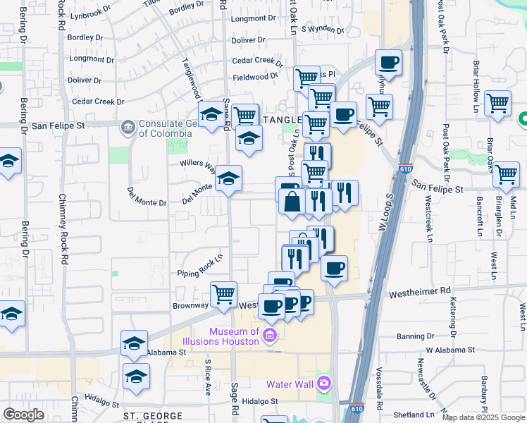 map of restaurants, bars, coffee shops, grocery stores, and more near 2300 McCue Road in Houston