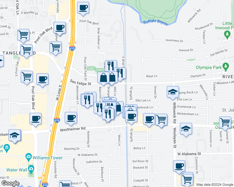 map of restaurants, bars, coffee shops, grocery stores, and more near 2121 Mid Lane in Houston