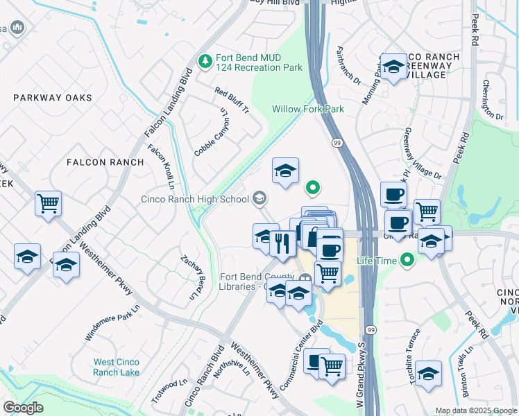 map of restaurants, bars, coffee shops, grocery stores, and more near 23440 Cinco Ranch Boulevard in Katy