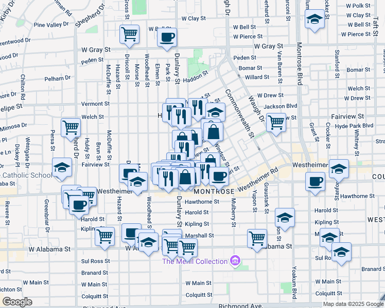 map of restaurants, bars, coffee shops, grocery stores, and more near in Houston