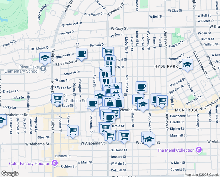 map of restaurants, bars, coffee shops, grocery stores, and more near 2359 South Shepherd Drive in Houston