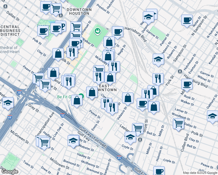 map of restaurants, bars, coffee shops, grocery stores, and more near 1231 Delano Street in Houston