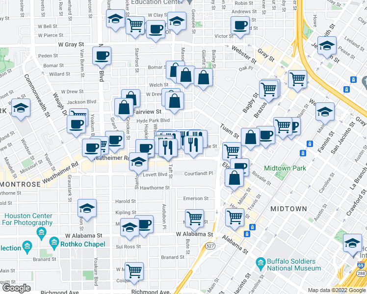 map of restaurants, bars, coffee shops, grocery stores, and more near Mason St & Avondale St in Houston