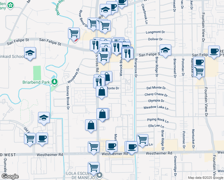 map of restaurants, bars, coffee shops, grocery stores, and more near 6403 Del Monte Drive in Houston