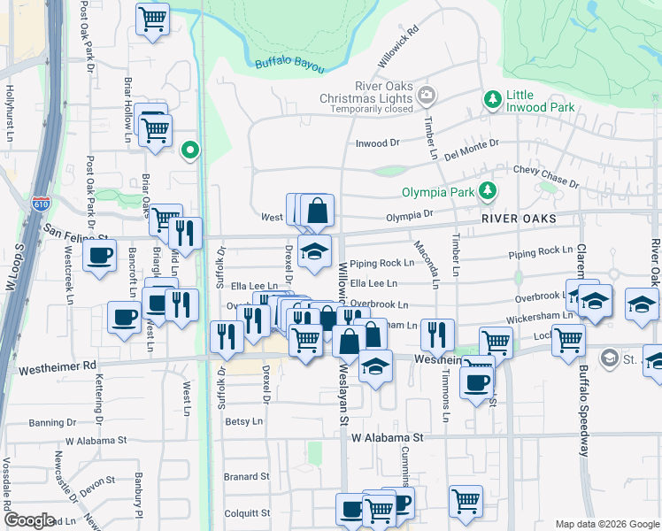 map of restaurants, bars, coffee shops, grocery stores, and more near 2200 Willowick Road in Houston