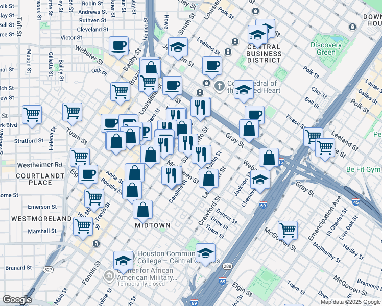 map of restaurants, bars, coffee shops, grocery stores, and more near 2323 San Jacinto Street in Houston