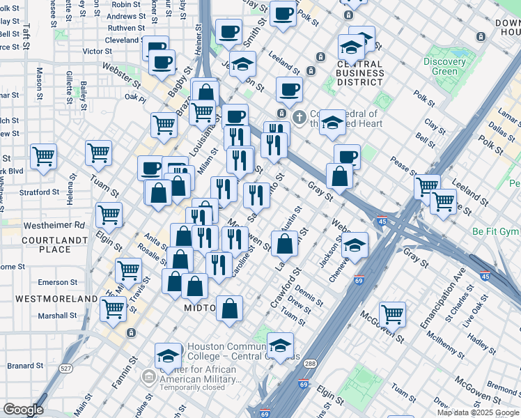 map of restaurants, bars, coffee shops, grocery stores, and more near 2323 San Jacinto Street in Houston