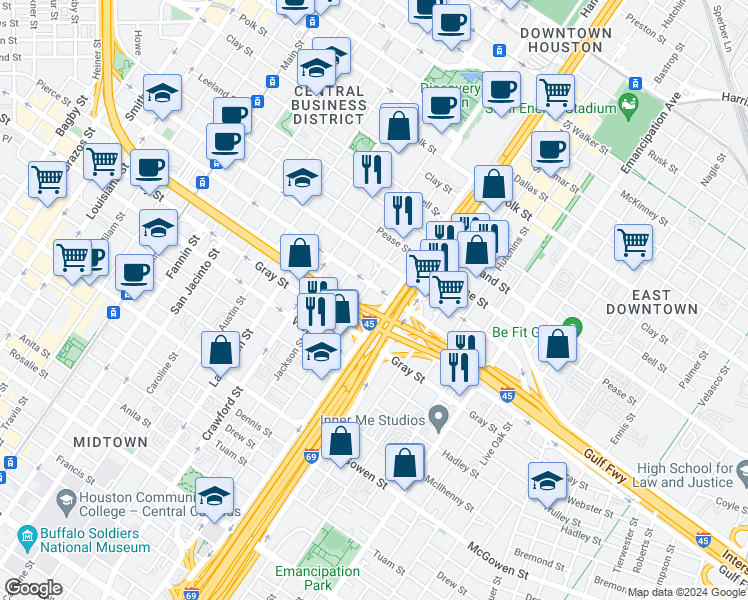 map of restaurants, bars, coffee shops, grocery stores, and more near 1800 Saint Joseph Parkway in Houston