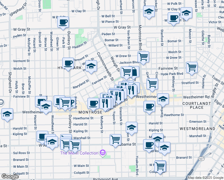 map of restaurants, bars, coffee shops, grocery stores, and more near 2622 Commonwealth Street in Houston
