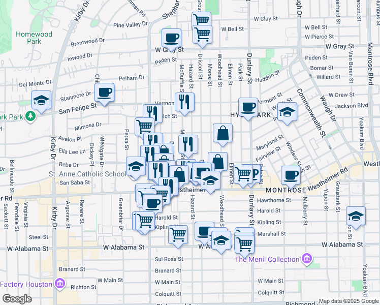 map of restaurants, bars, coffee shops, grocery stores, and more near 1976 Fairview Street in Houston
