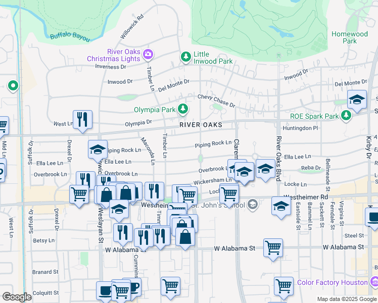map of restaurants, bars, coffee shops, grocery stores, and more near 3632 Ella Lee Lane in Houston