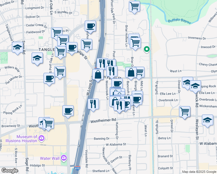 map of restaurants, bars, coffee shops, grocery stores, and more near 2041 Westheimer Road in Houston