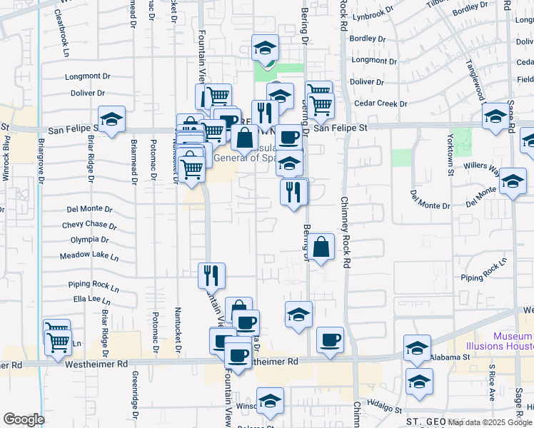 map of restaurants, bars, coffee shops, grocery stores, and more near 2012 Augusta Drive in Houston