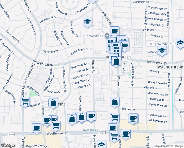 map of restaurants, bars, coffee shops, grocery stores, and more near 11318 Chevy Chase Drive in Houston