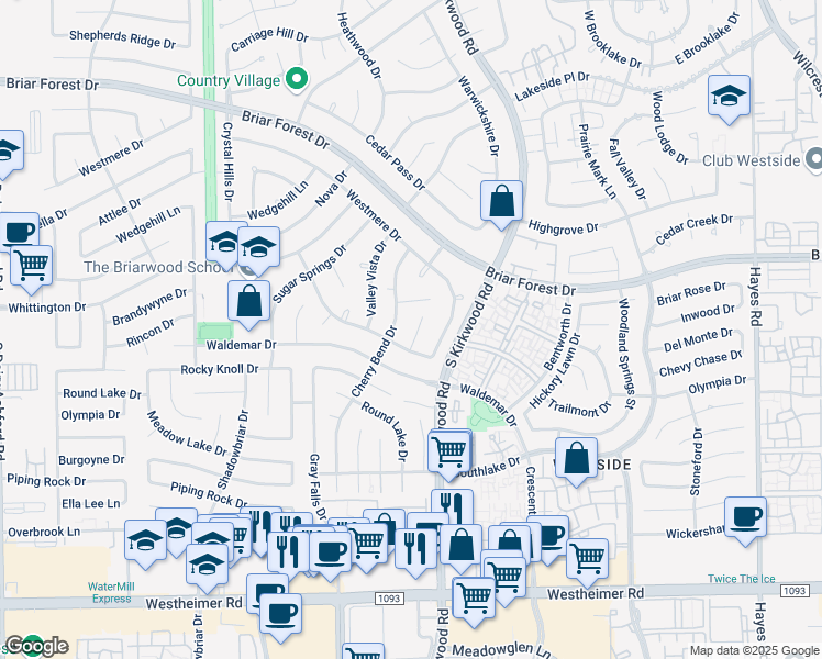 map of restaurants, bars, coffee shops, grocery stores, and more near 1906 Eagle Falls Street in Houston