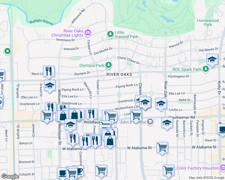 map of restaurants, bars, coffee shops, grocery stores, and more near 3632 Ella Lee Lane in Houston