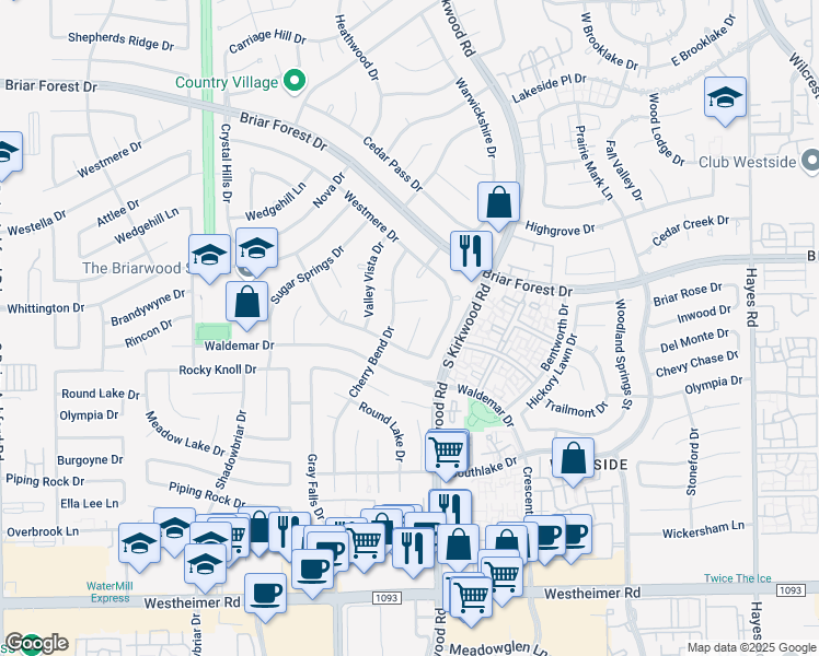 map of restaurants, bars, coffee shops, grocery stores, and more near 1906 Eagle Falls Street in Houston