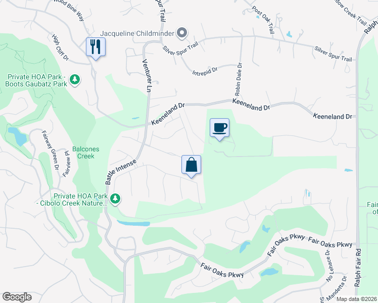 map of restaurants, bars, coffee shops, grocery stores, and more near 30106 Valley Run in Fair Oaks Ranch