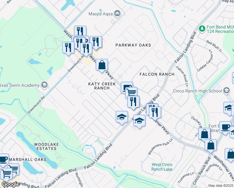 map of restaurants, bars, coffee shops, grocery stores, and more near 25106 Bluma Ranch Drive in Katy