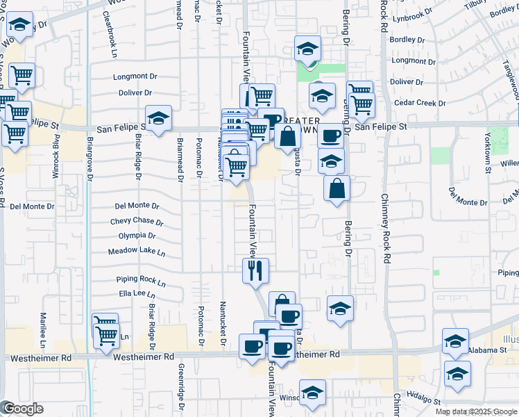 map of restaurants, bars, coffee shops, grocery stores, and more near 5 Fountain View Drive in Houston