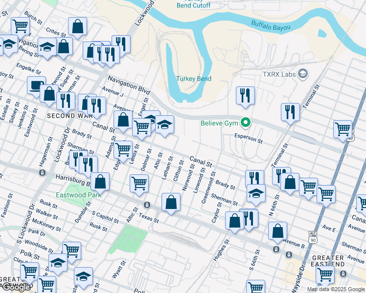 map of restaurants, bars, coffee shops, grocery stores, and more near 5602 Canal Street in Houston