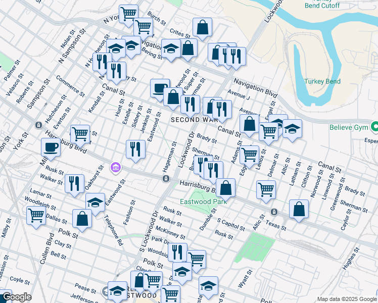 map of restaurants, bars, coffee shops, grocery stores, and more near 220 Lockwood Drive in Houston