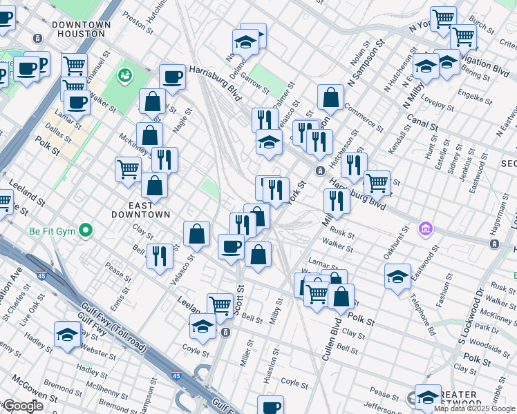 map of restaurants, bars, coffee shops, grocery stores, and more near 3321 McKinney Street in Houston