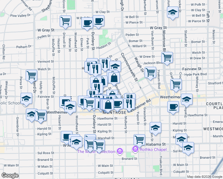 map of restaurants, bars, coffee shops, grocery stores, and more near 1806 Haver Street in Houston
