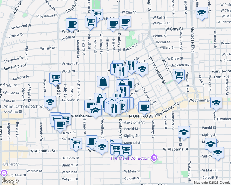 map of restaurants, bars, coffee shops, grocery stores, and more near 2332 Park Street in Houston