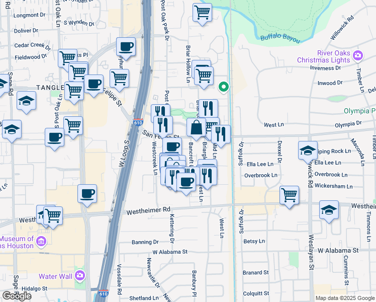 map of restaurants, bars, coffee shops, grocery stores, and more near 2184 Bancroft Lane in Houston