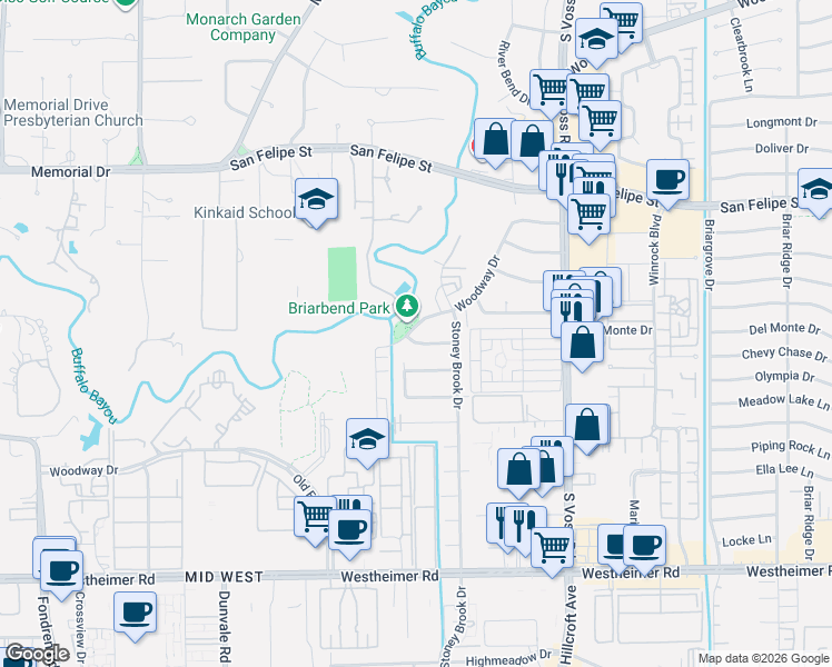 map of restaurants, bars, coffee shops, grocery stores, and more near 7903 Del Monte Drive in Houston